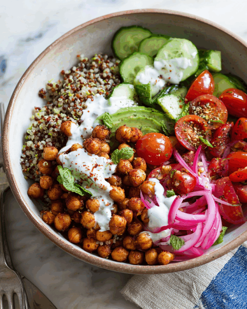 Mediterrane Quinoa-Bowl mit Gerösteten Kichererbsen und Knoblauch-Joghurt-Sauce: Ein Nahrhaftes und Gesundes Gericht für Jeden Anlass