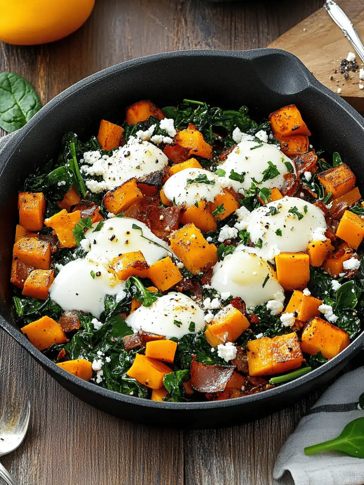 Breakfast pan with pumpkin, spinach, and fried egg