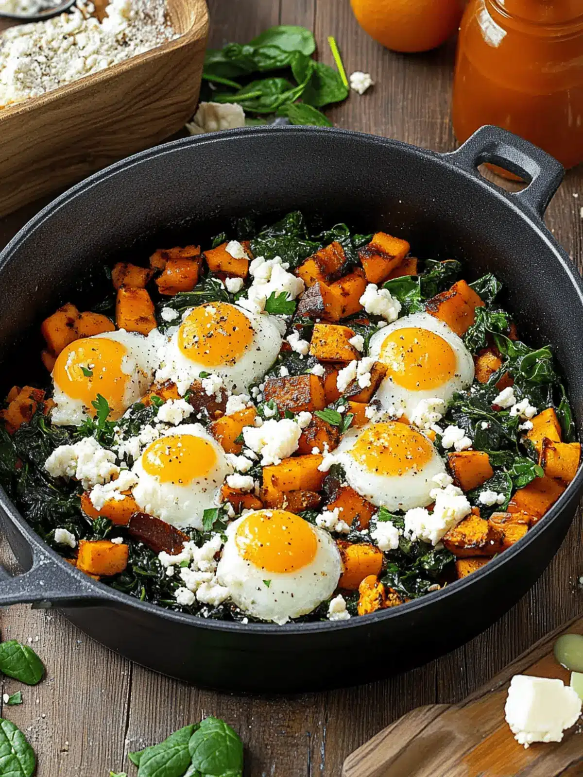 Breakfast pan with pumpkin, spinach, and fried egg