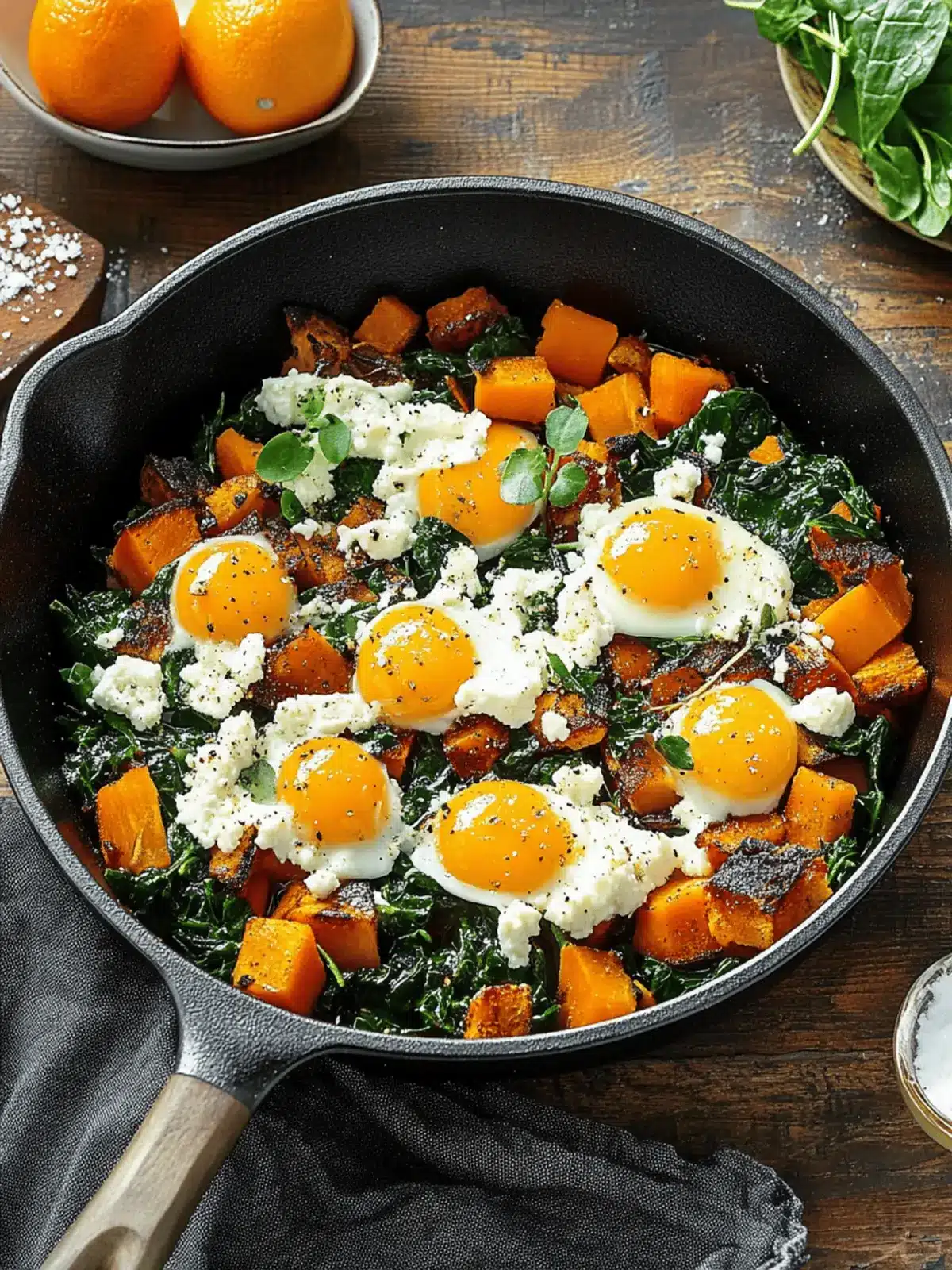 Breakfast pan with pumpkin, spinach, and fried egg