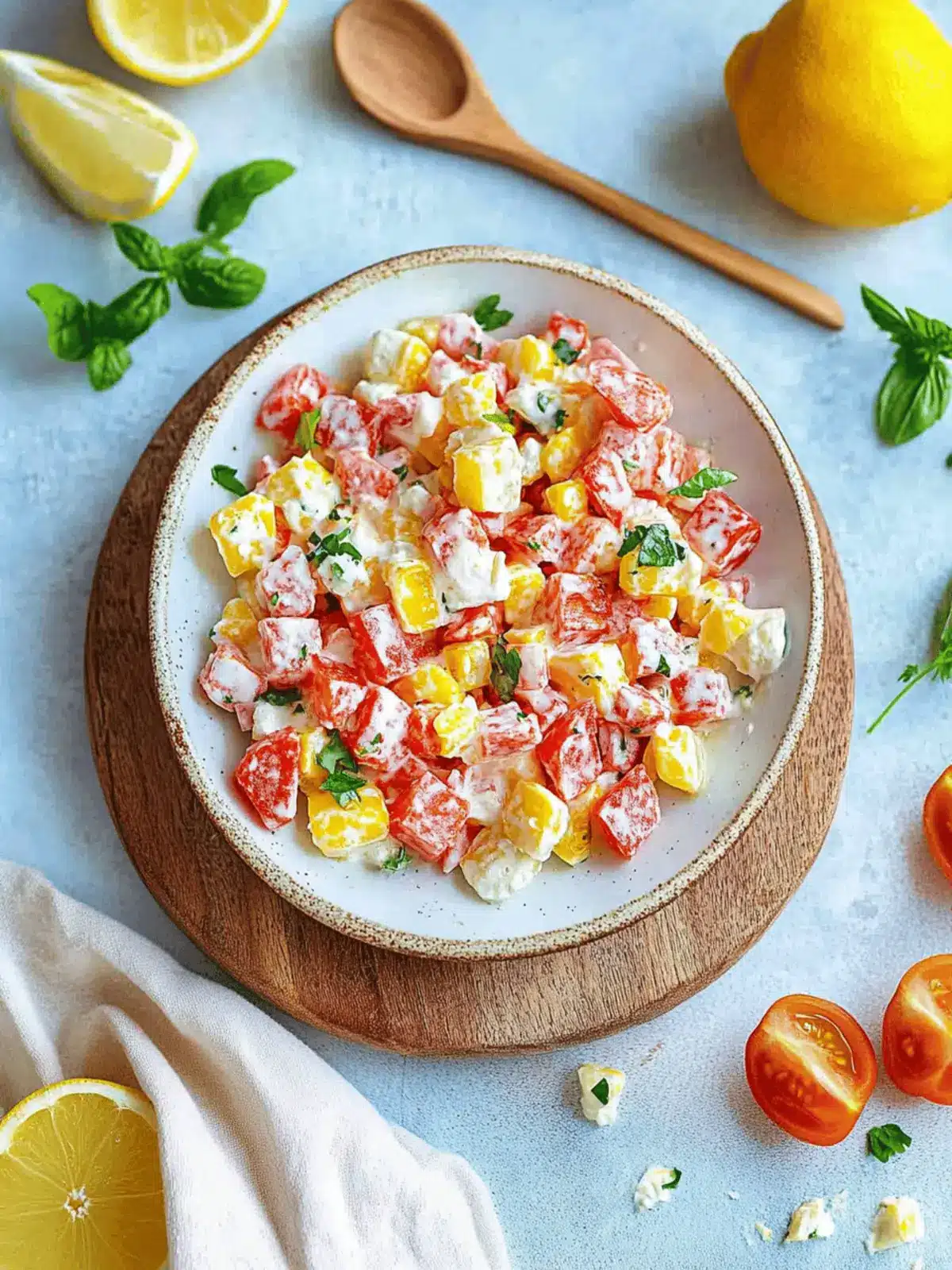 Paprika-Mais-Salat mit Feta und Joghurt-Dressing