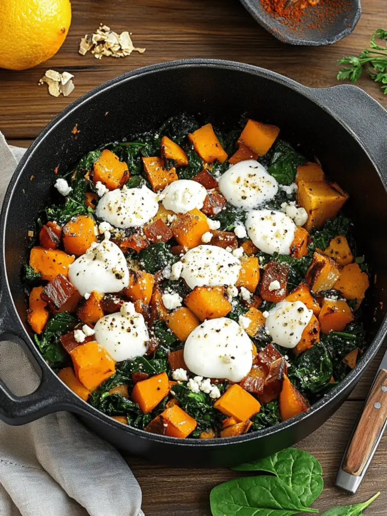 Breakfast pan with pumpkin, spinach, and fried egg