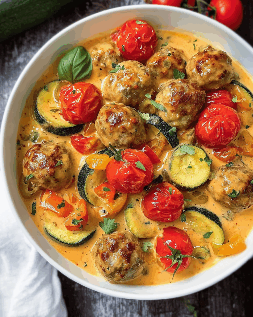 Mediterrane Hackbällchen Toscana – Ein herzhaftes One-Pot-Gericht mit Tomaten, Zucchini und cremiger Sahnesoße