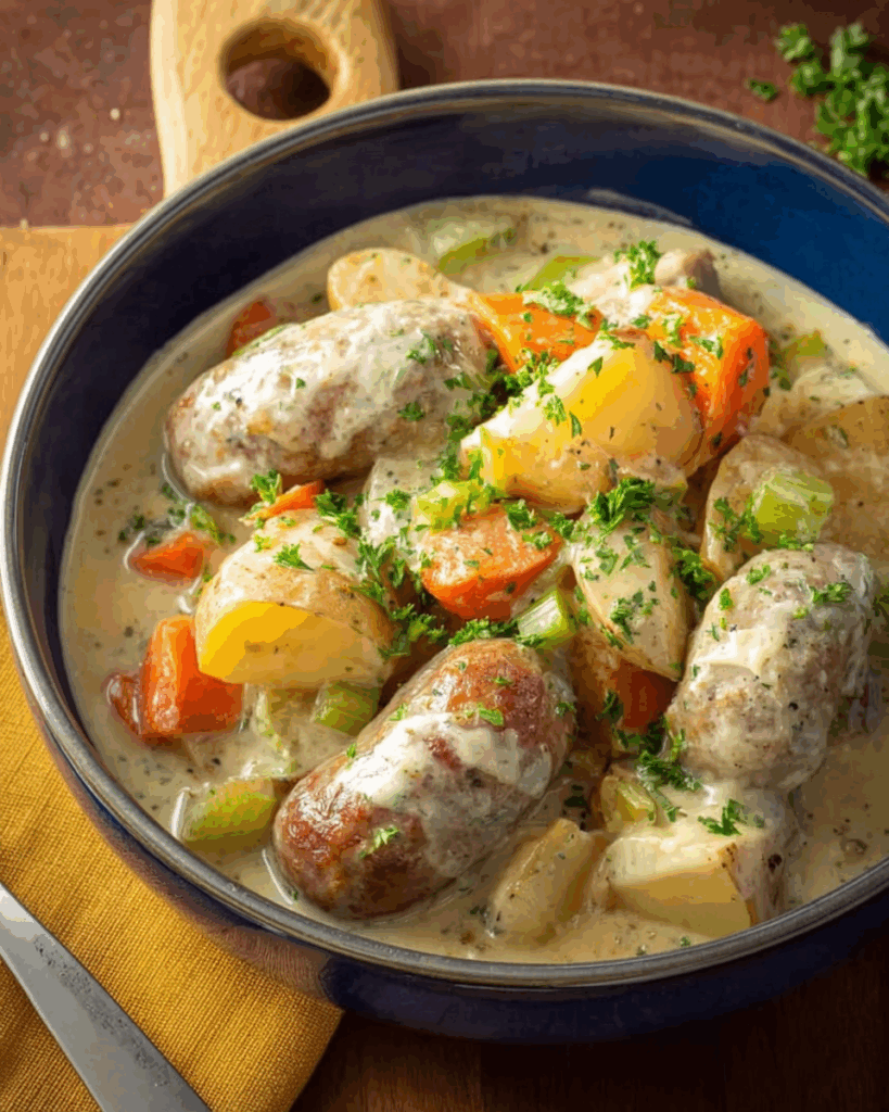 Cremiger Bratwurst-Eintopf – Ein herzhaftes Gericht mit zartem Wurstfleisch und cremiger Sauce