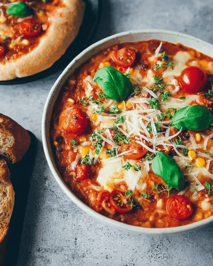 Vegane Pizzasuppe – Ein herzhaftes One-Pot-Wunder