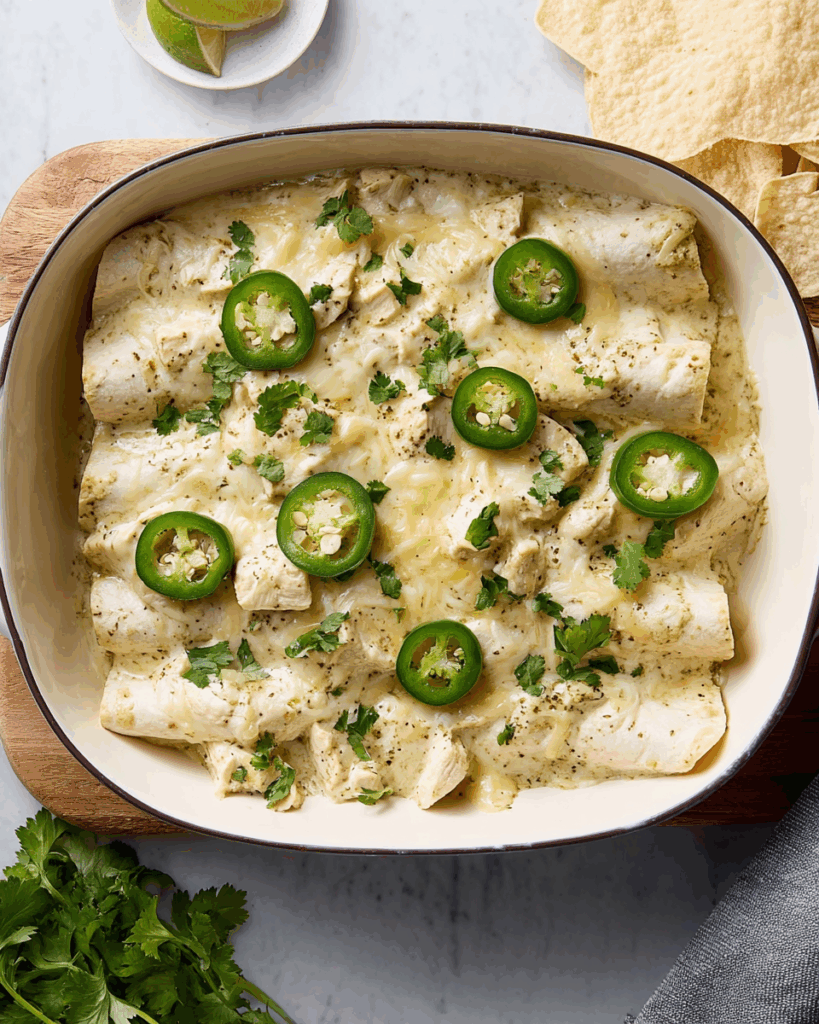 Cremige Hähnchen-Enchiladas – Ein herzhaftes mexikanisches Gericht mit zartem Hähnchenfleisch, umhüllt von einer würzigen, cremigen Sauce