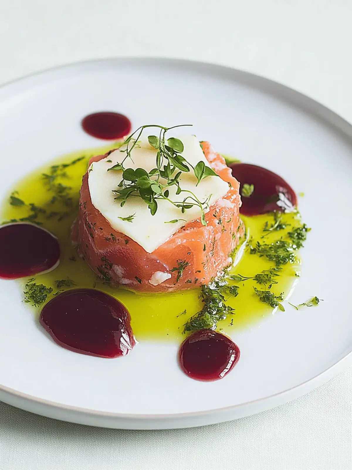 Salmon-Tartar auf Rote-Bete-Carpaccio und Wasabi-Creme