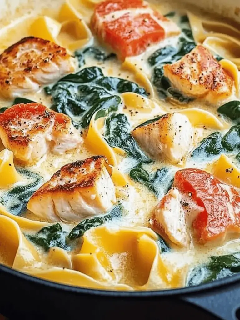 Bandnudeln mit Lachs und Spinat