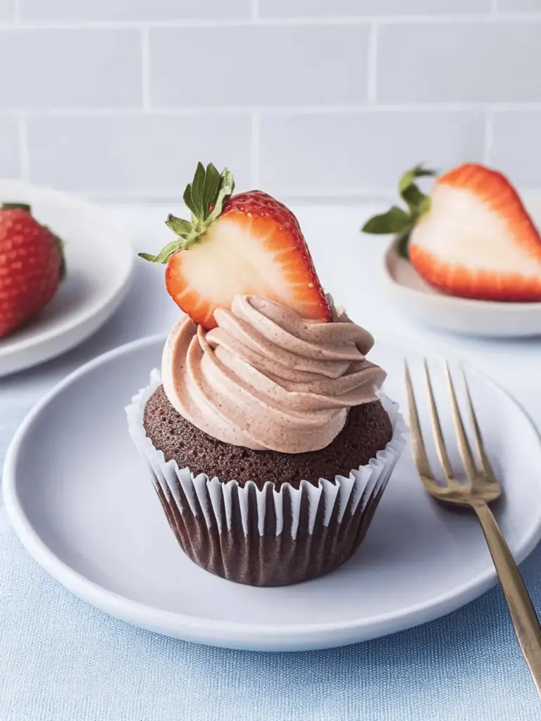 Schokoladen-Cupcakes mit Erdbeerfüllung und schokolierten Erdbeeren