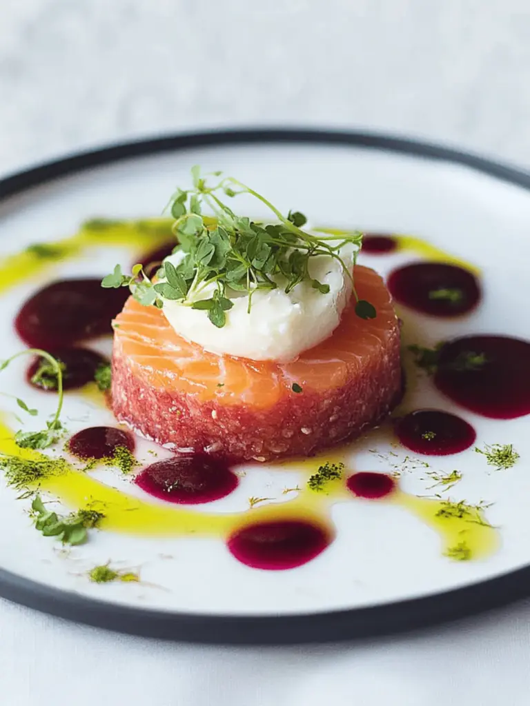Salmon-Tartar auf Rote-Bete-Carpaccio und Wasabi-Creme