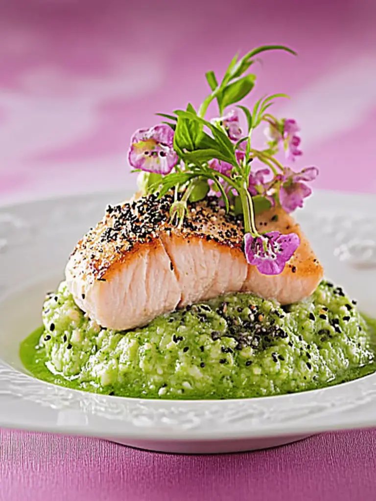 Salmon in sesame crust on pea puree and sugar snap pea straw
