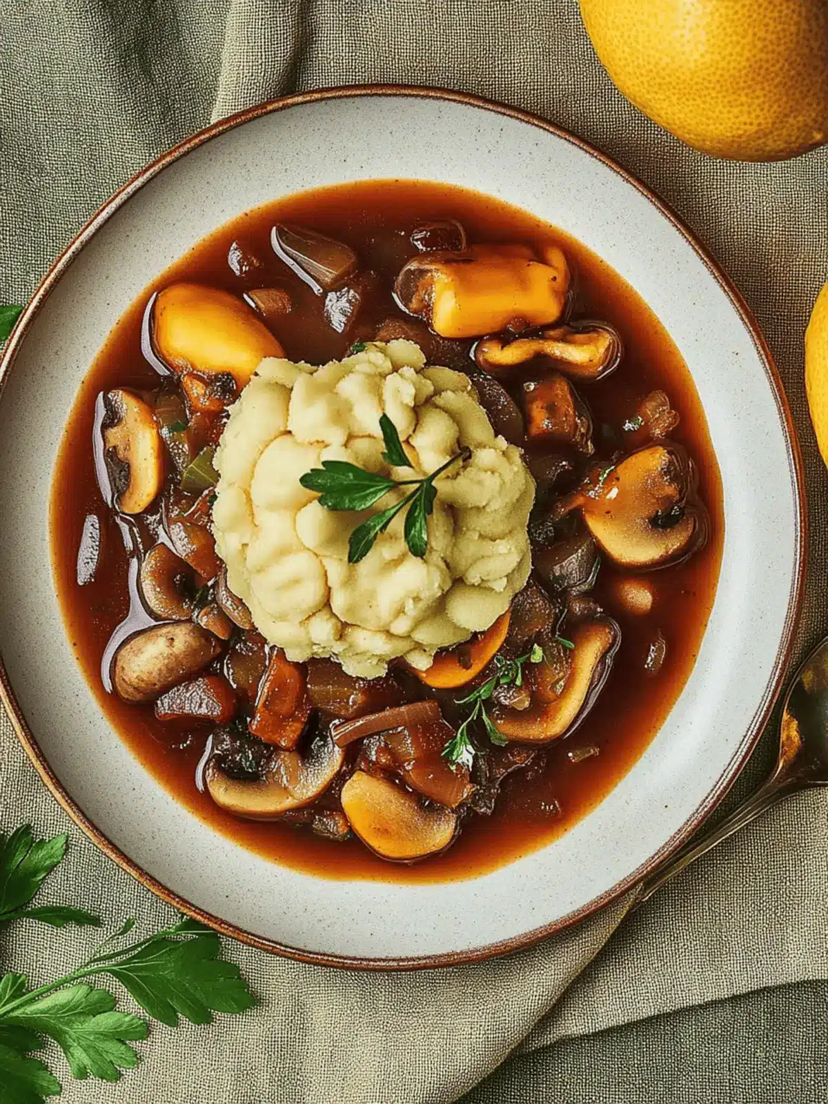 Veganes Gulasch mit Pilzen und Semmelknödeln
