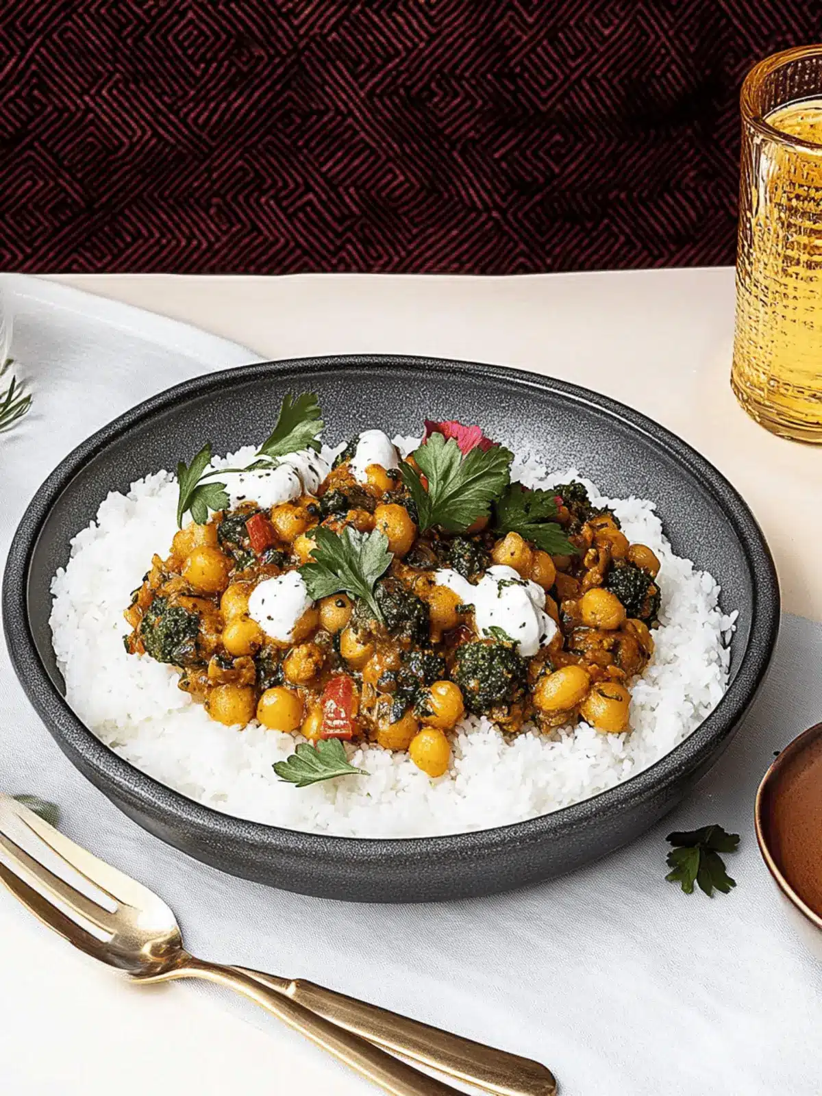 Spicy chickpea minced meat pan with rice and yogurt dressing