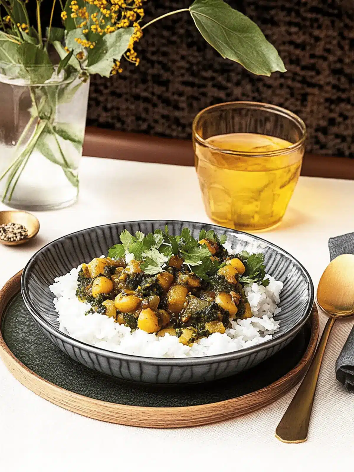 Spicy chickpea minced meat pan with rice and yogurt dressing