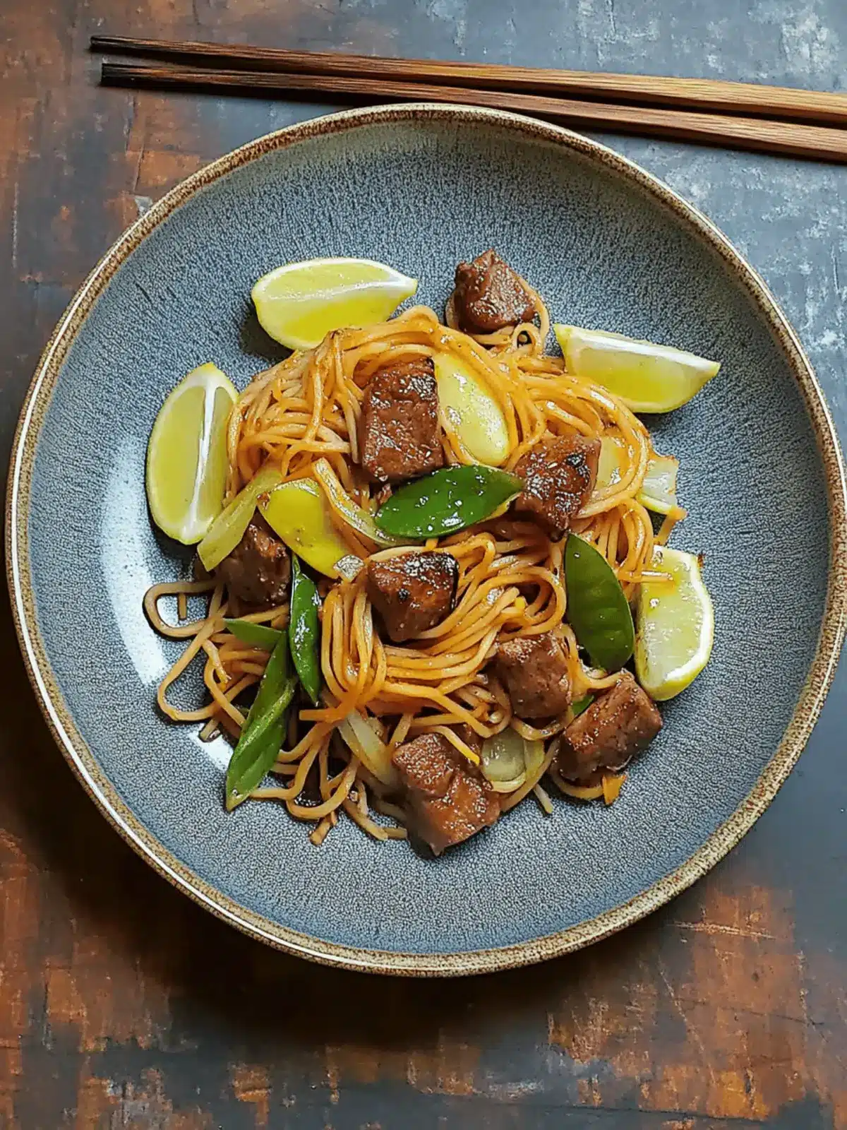 Asiatische Nudelpfanne mit Gemüse und Rindfleisch