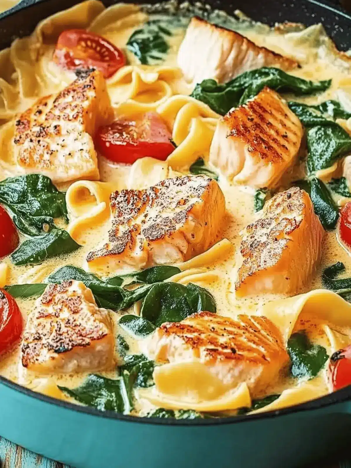 Bandnudeln mit Lachs und Spinat