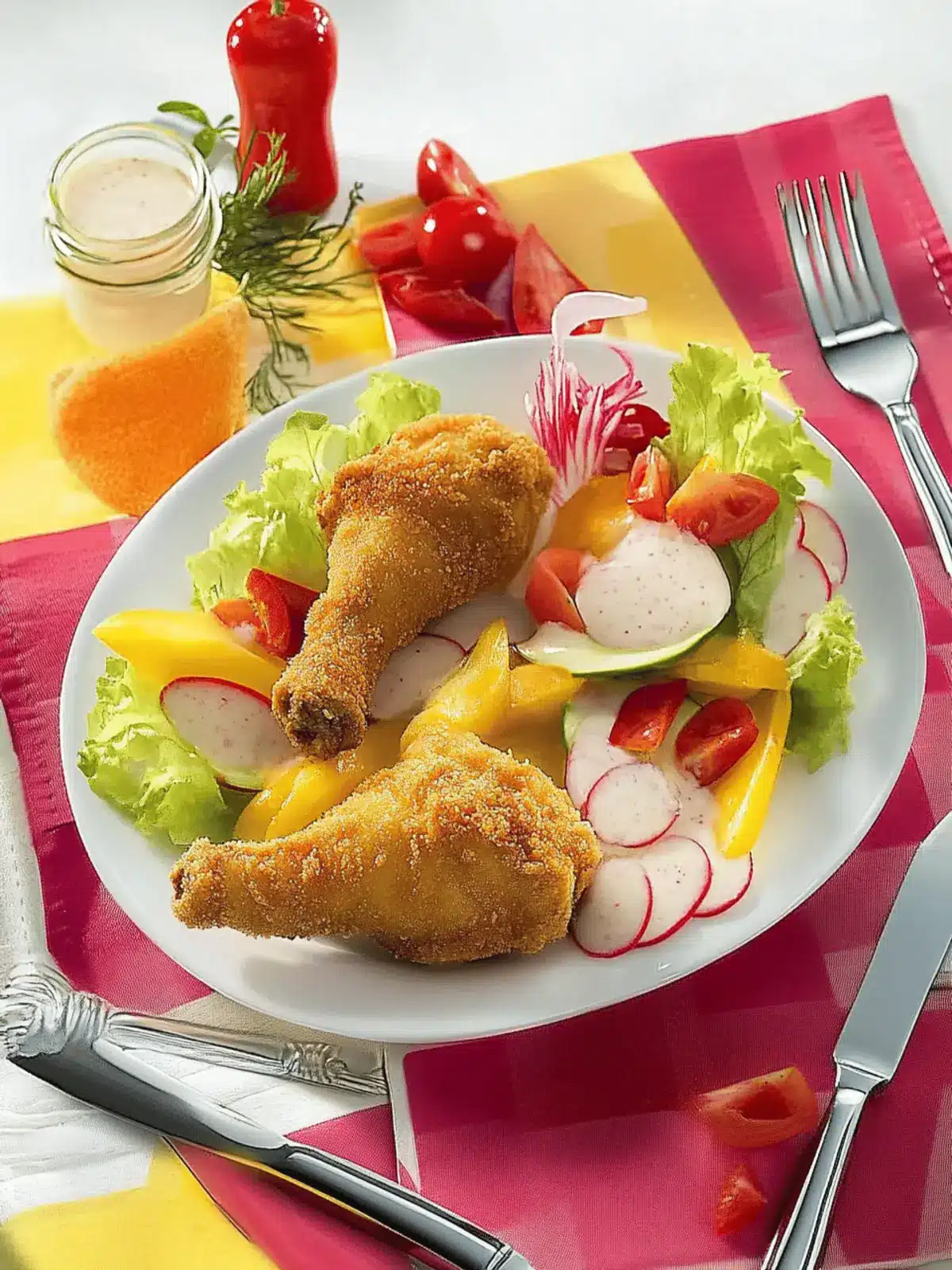 Hähnchenschenkel in Chili-Polenta-Panade mit Salat