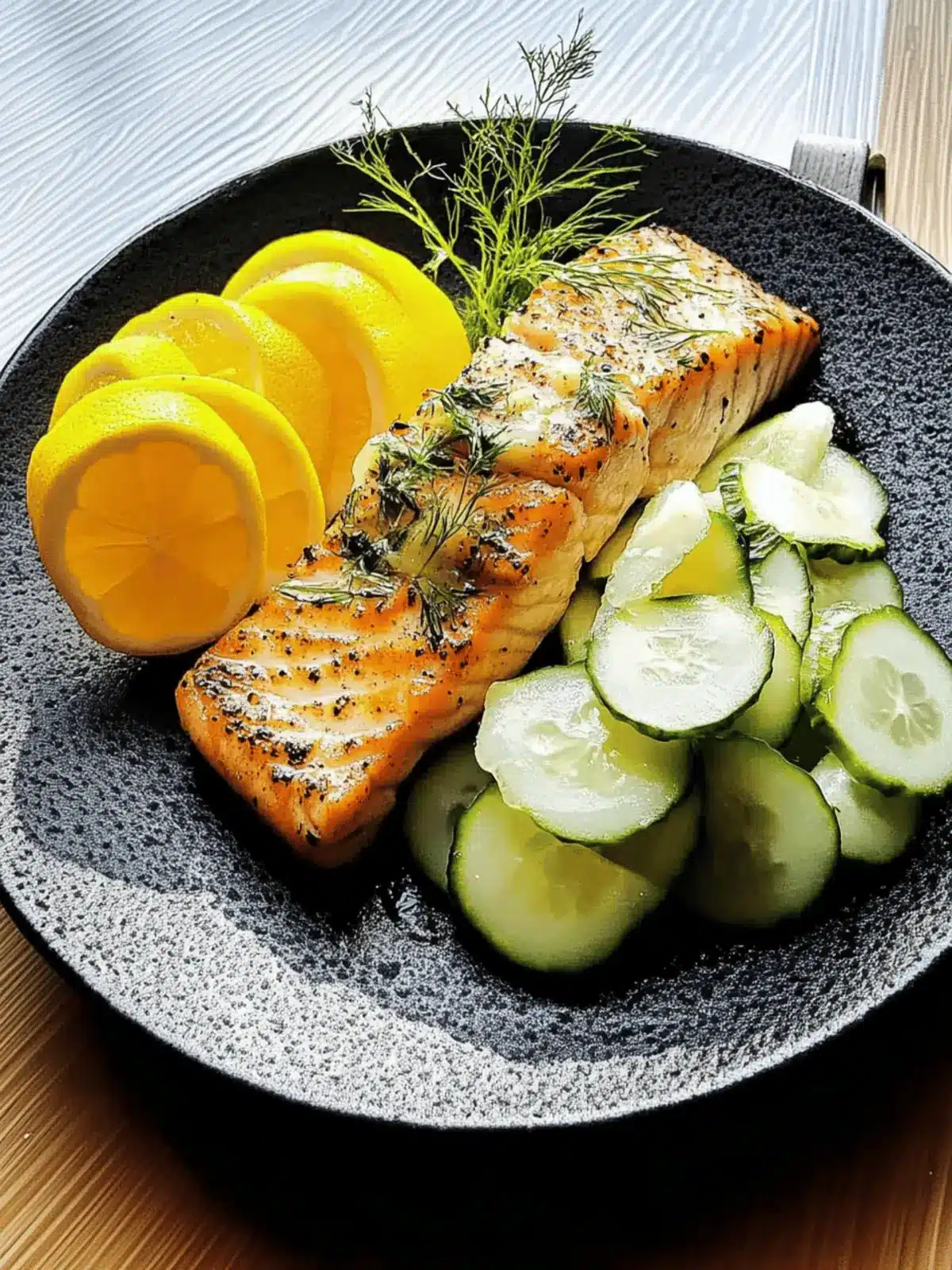 Fried salmon fillets with potatoes and cucumber salad