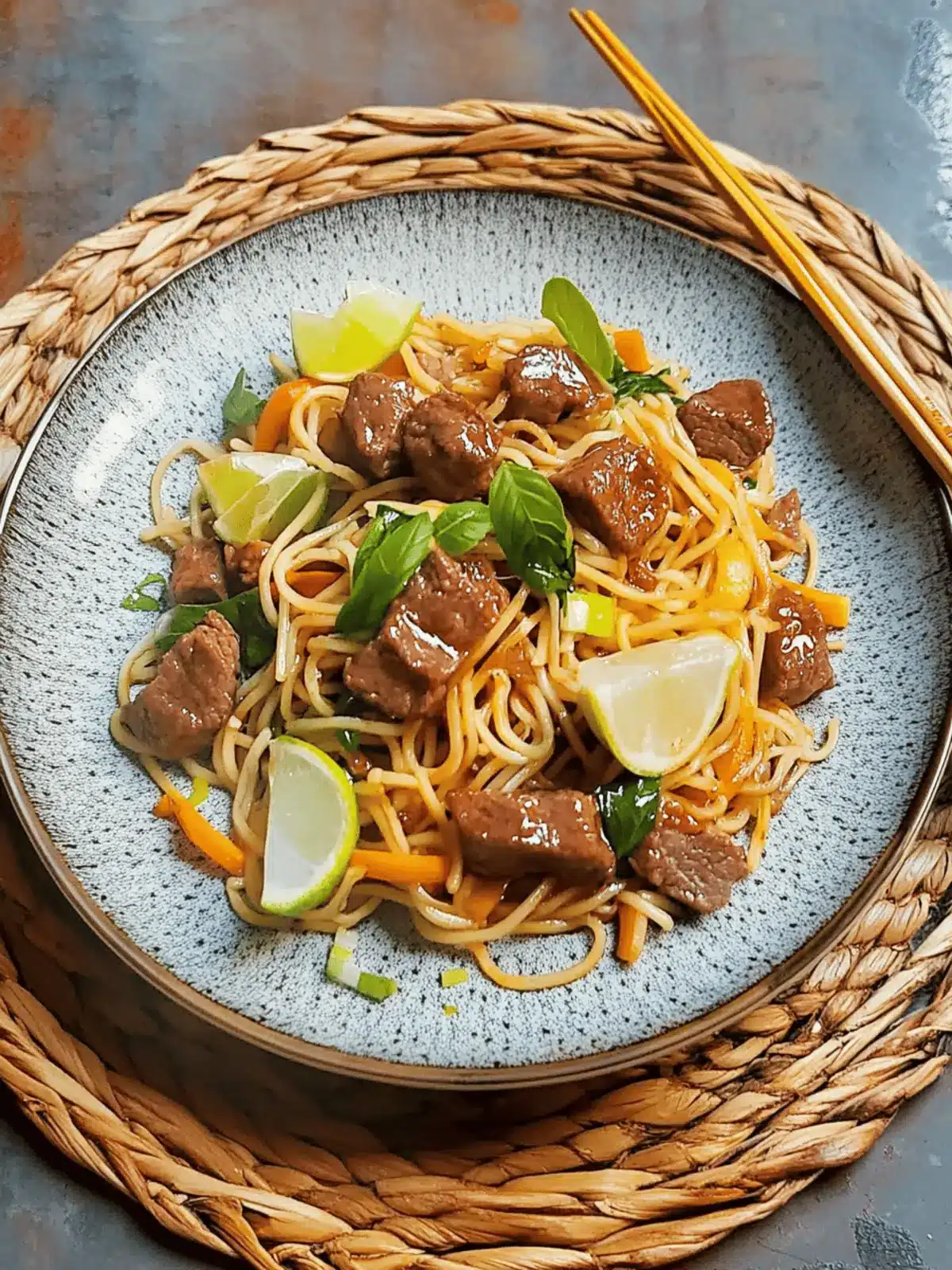 Asiatische Nudelpfanne mit Gemüse und Rindfleisch
