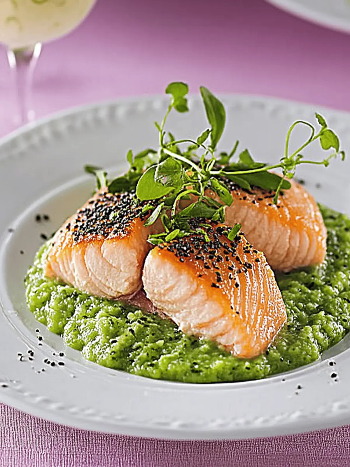 Salmon in sesame crust on pea puree and sugar snap pea straw