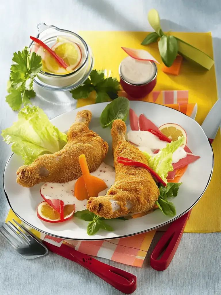 Hähnchenschenkel in Chili-Polenta-Panade mit Salat