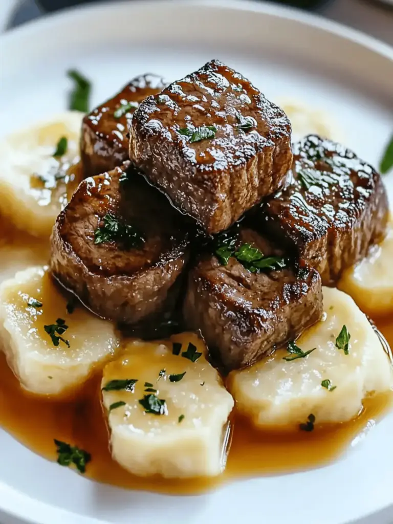 Garlic butter beef bites with mashed potatoes