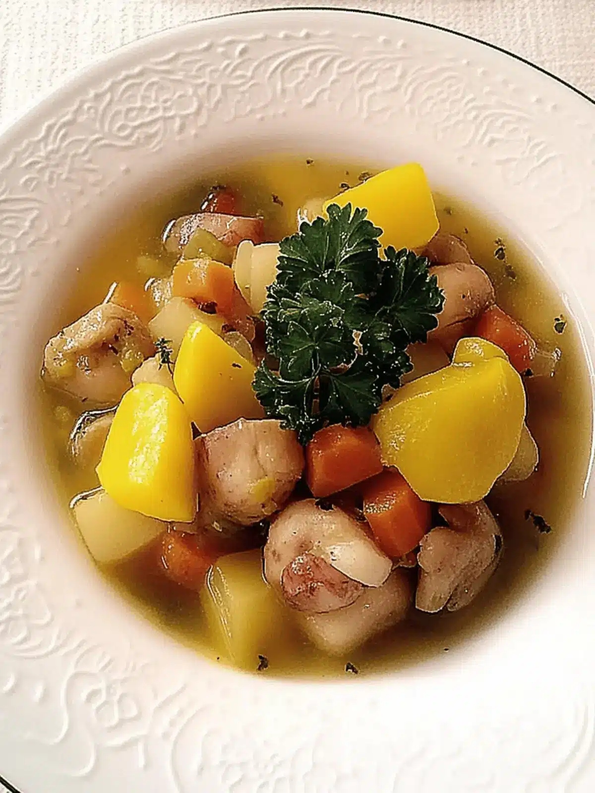 Swede Brussels sprout stew with chestnuts and sausage