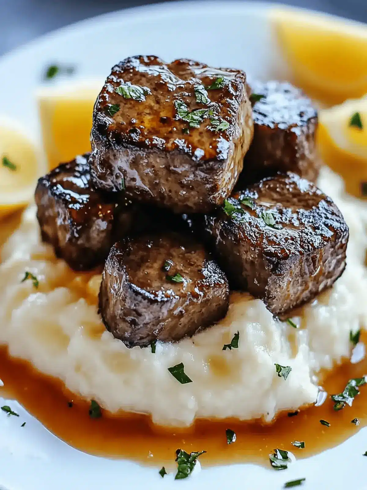 Garlic butter beef bites with mashed potatoes