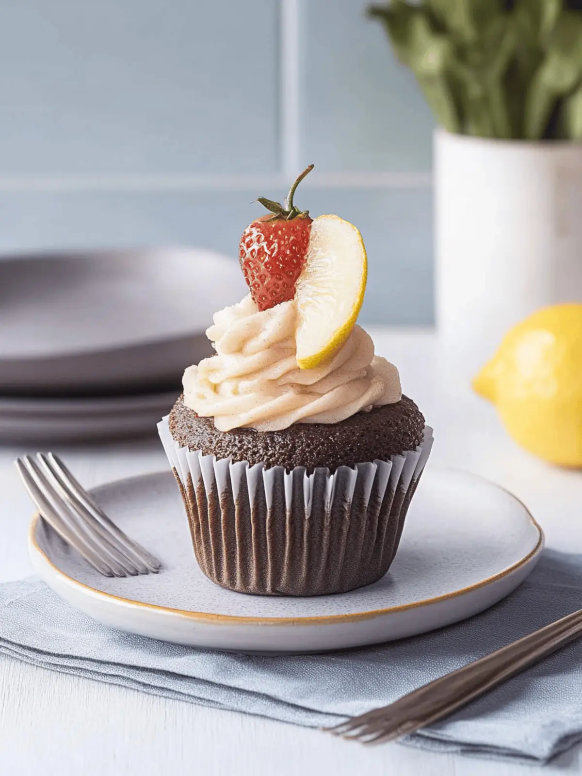 Schokoladen-Cupcakes mit Erdbeerfüllung und schokolierten Erdbeeren