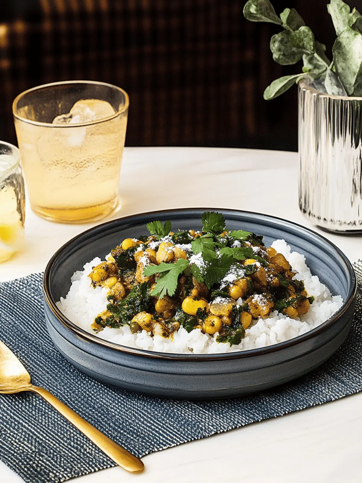 Spicy chickpea minced meat pan with rice and yogurt dressing