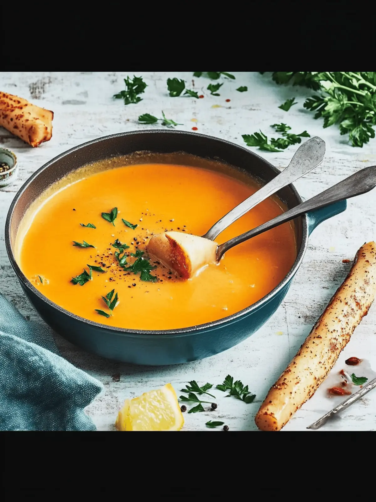 Pumpkin soup with chives on peanut chicken skewers