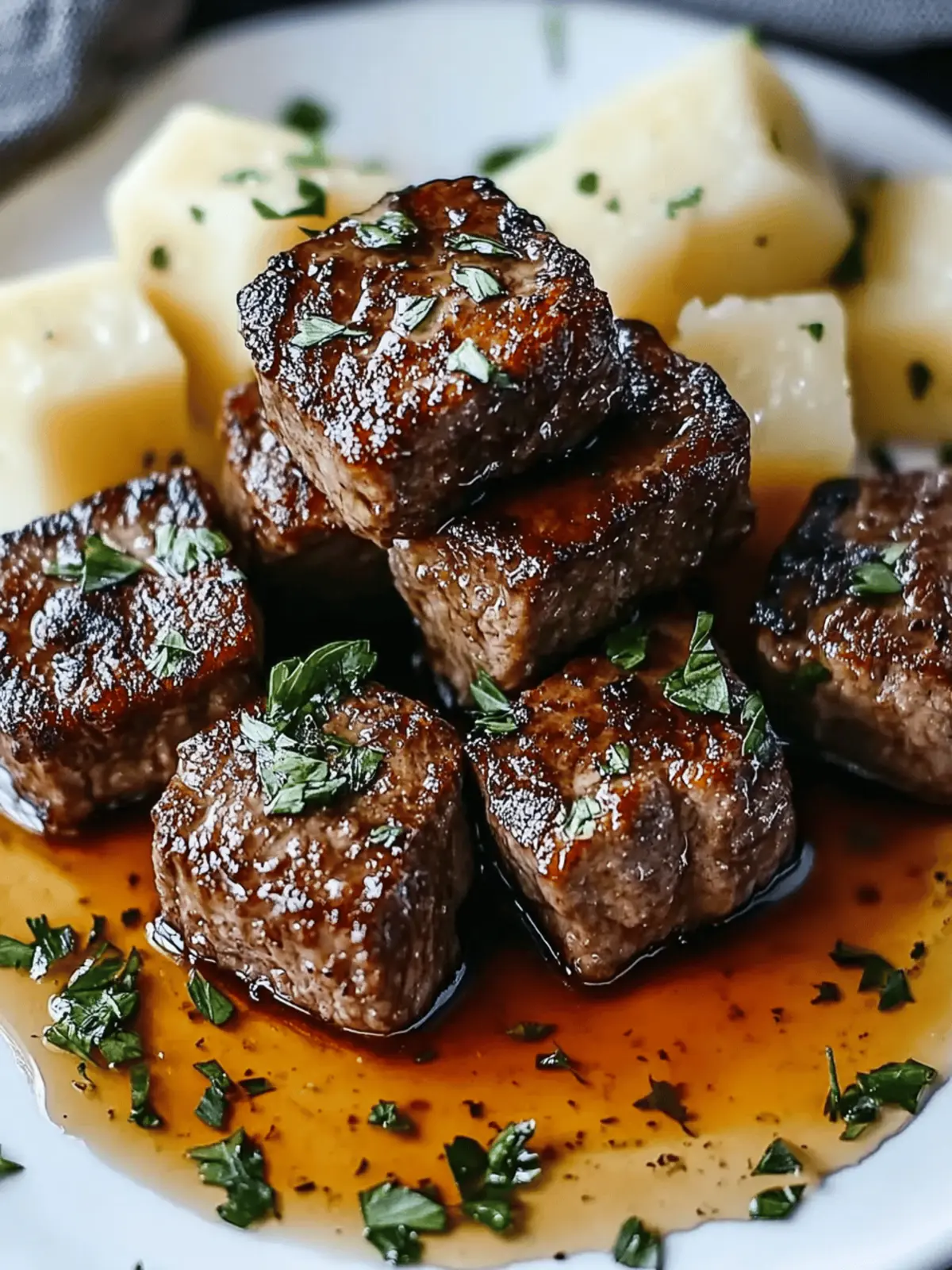 Garlic butter beef bites with mashed potatoes