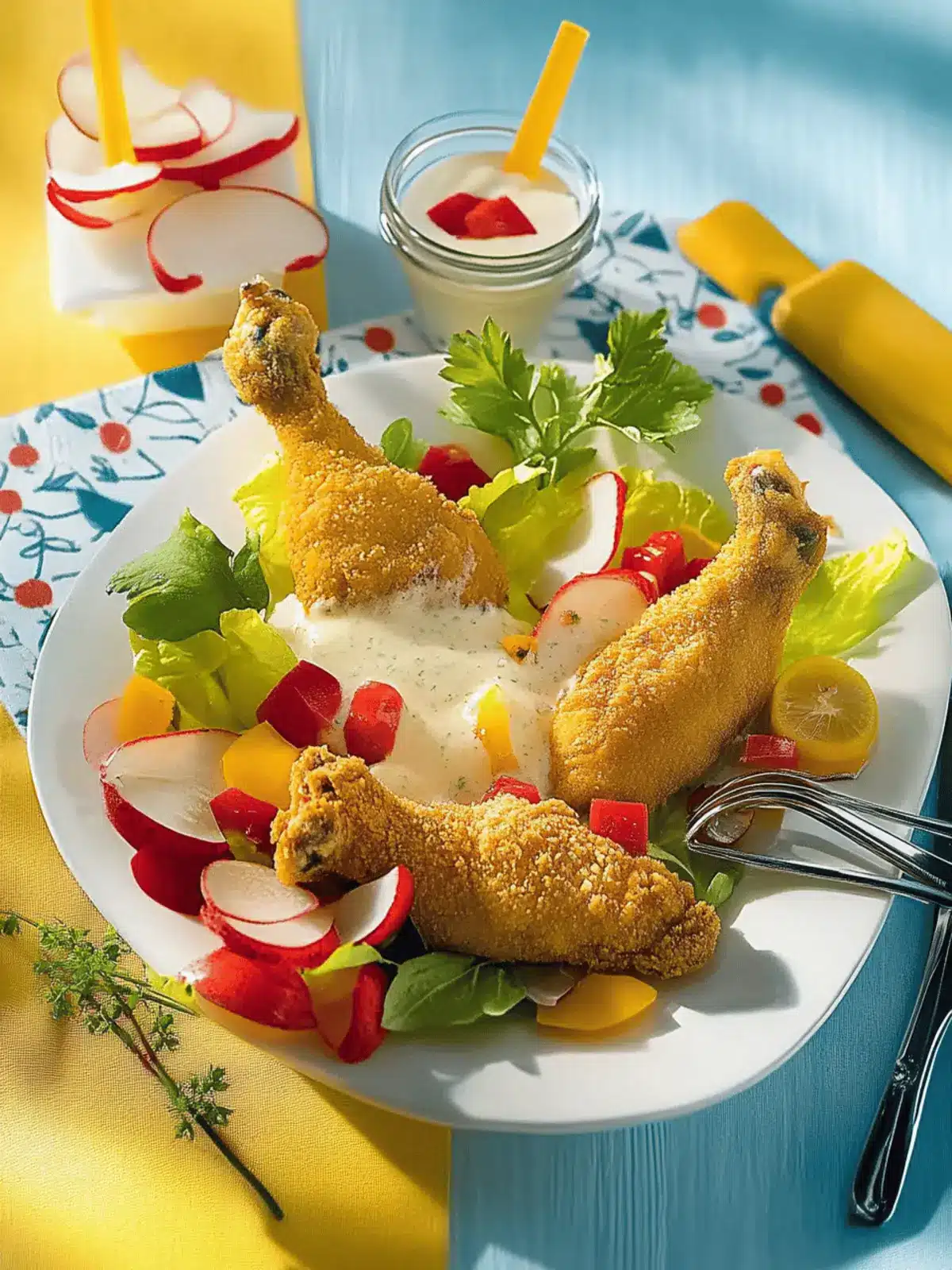 Hähnchenschenkel in Chili-Polenta-Panade mit Salat
