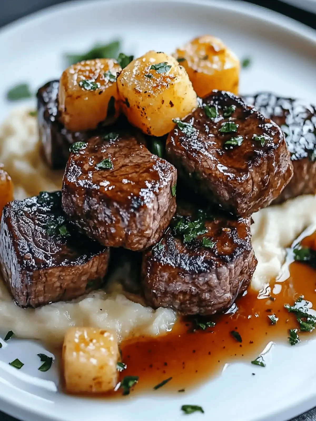 Garlic butter beef bites with mashed potatoes