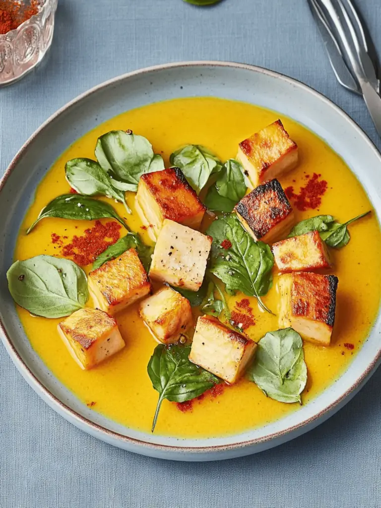 Kürbissuppe mit Halloumi und Spinat