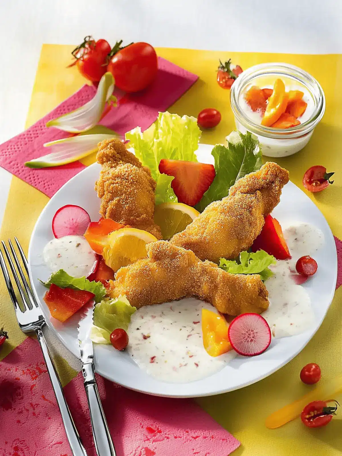 Hähnchenschenkel in Chili-Polenta-Panade mit Salat