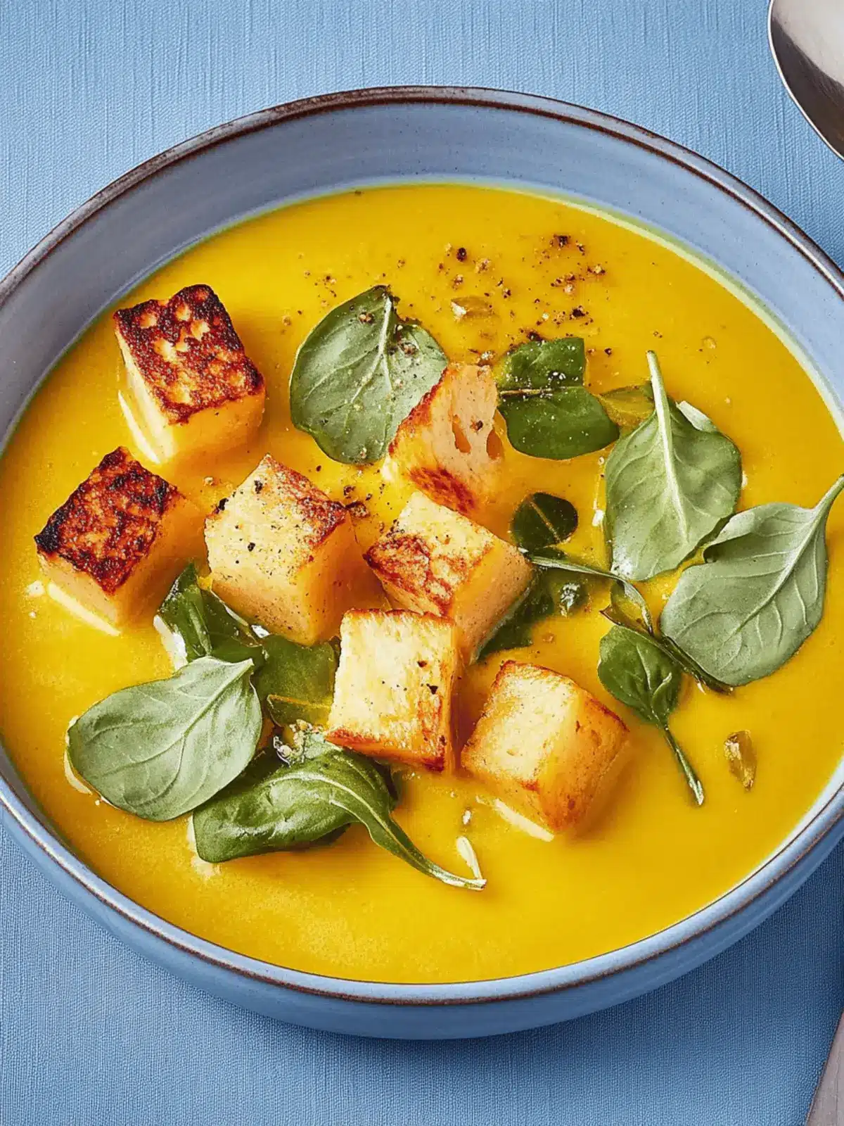 Kürbissuppe mit Halloumi und Spinat