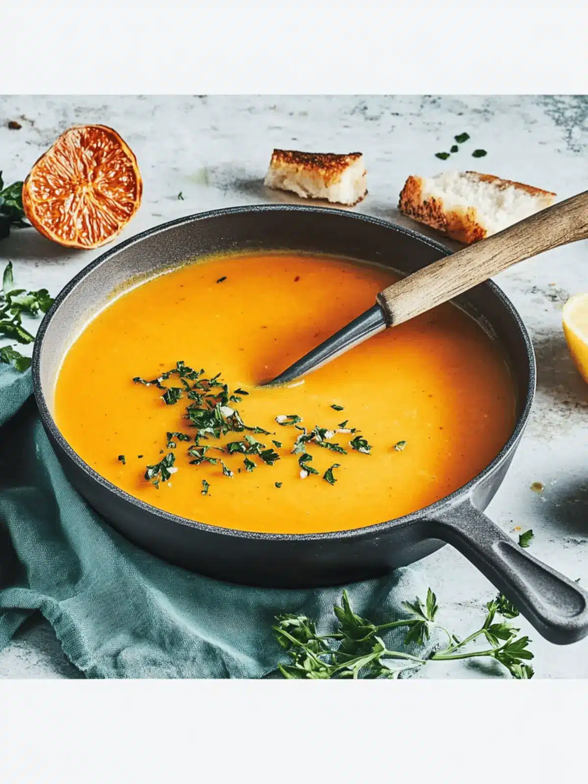 Pumpkin soup with chives on peanut chicken skewers