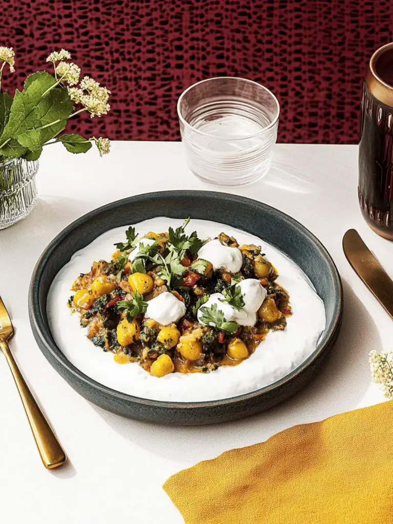 Spicy chickpea minced meat pan with rice and yogurt dressing
