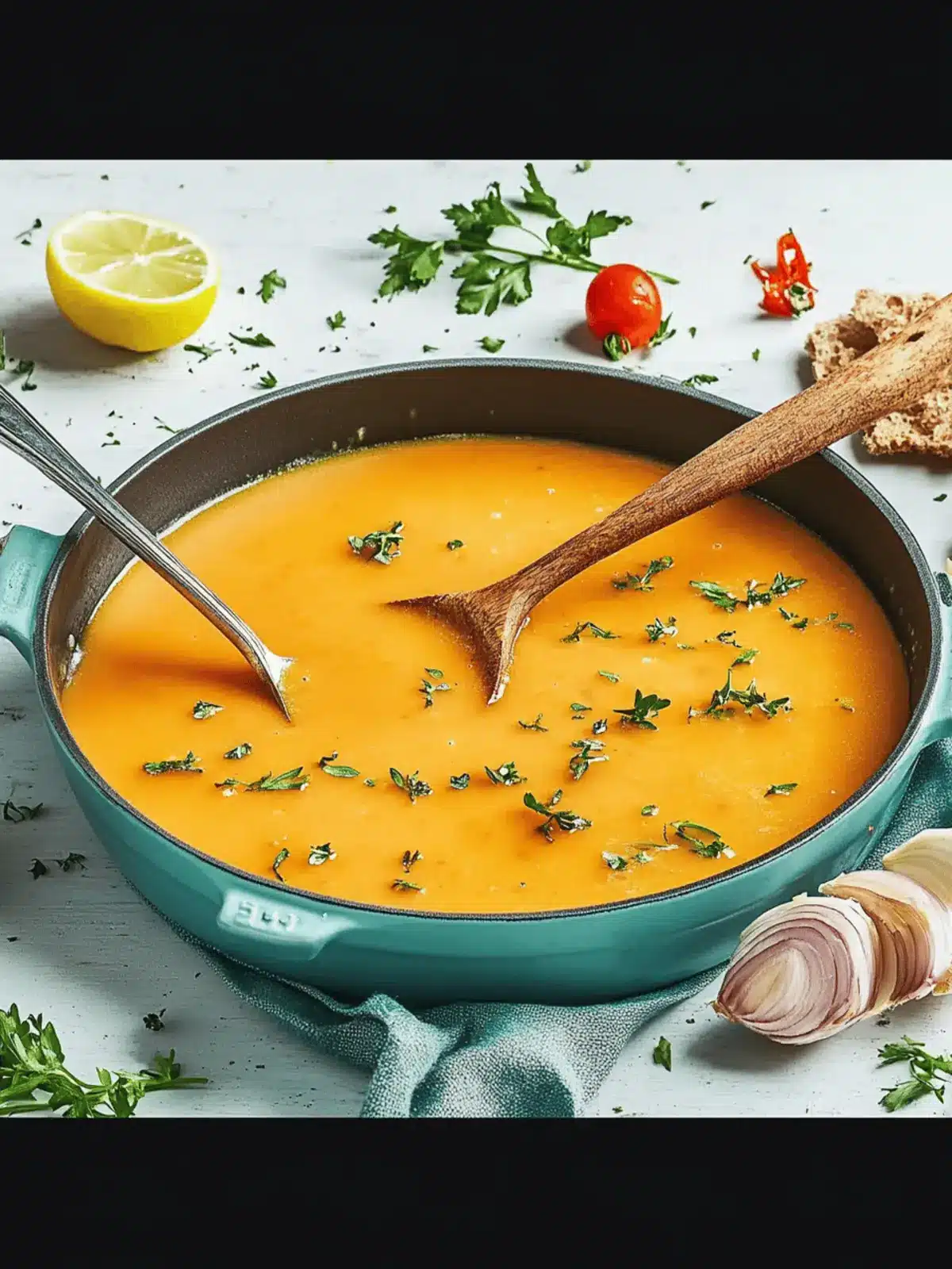Pumpkin soup with chives on peanut chicken skewers