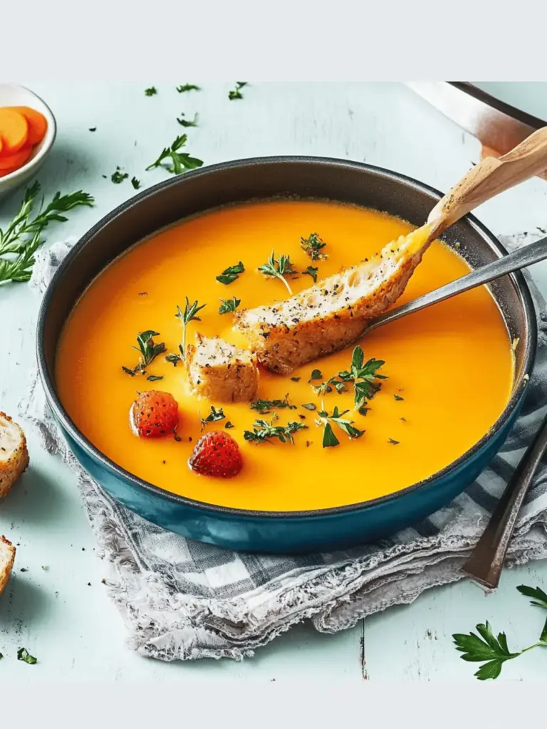 Pumpkin soup with chives on peanut chicken skewers