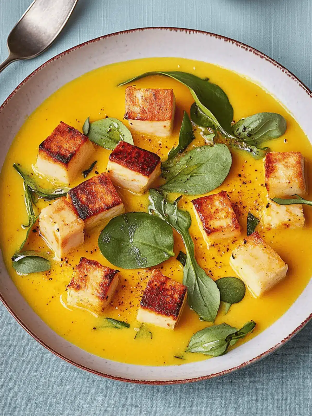 Kürbissuppe mit Halloumi und Spinat