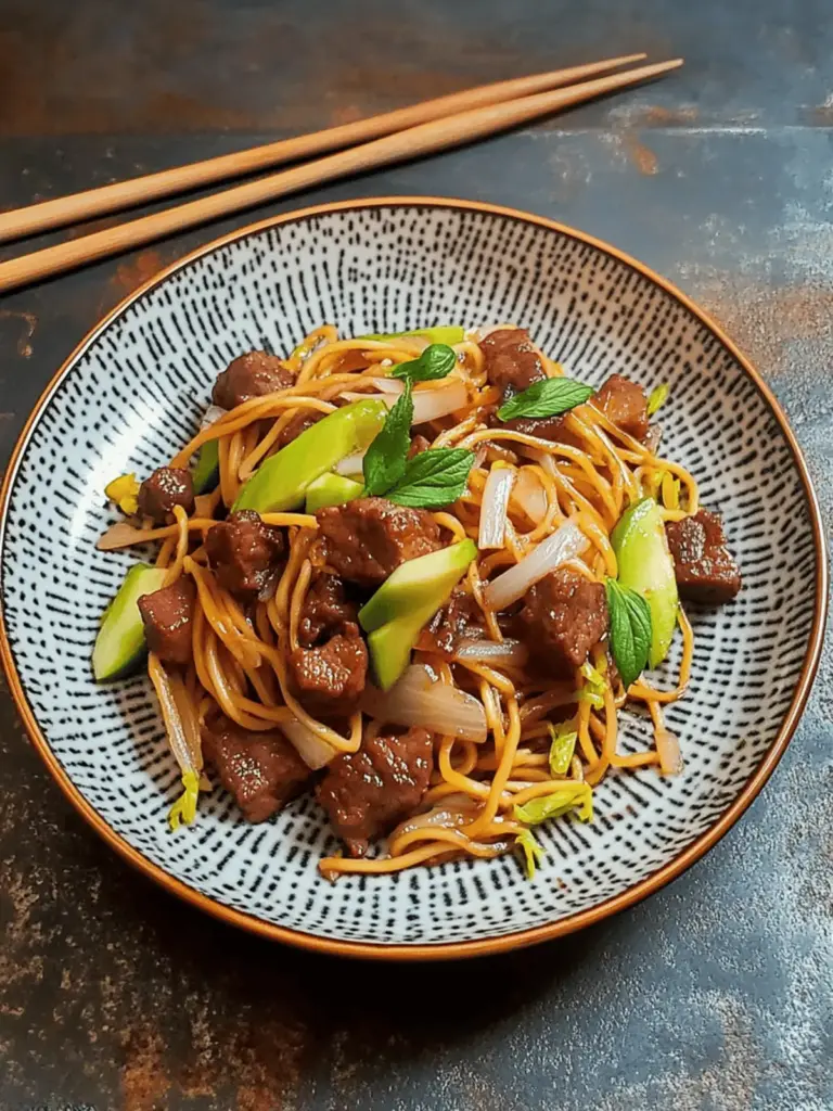 Asiatische Nudelpfanne mit Gemüse und Rindfleisch