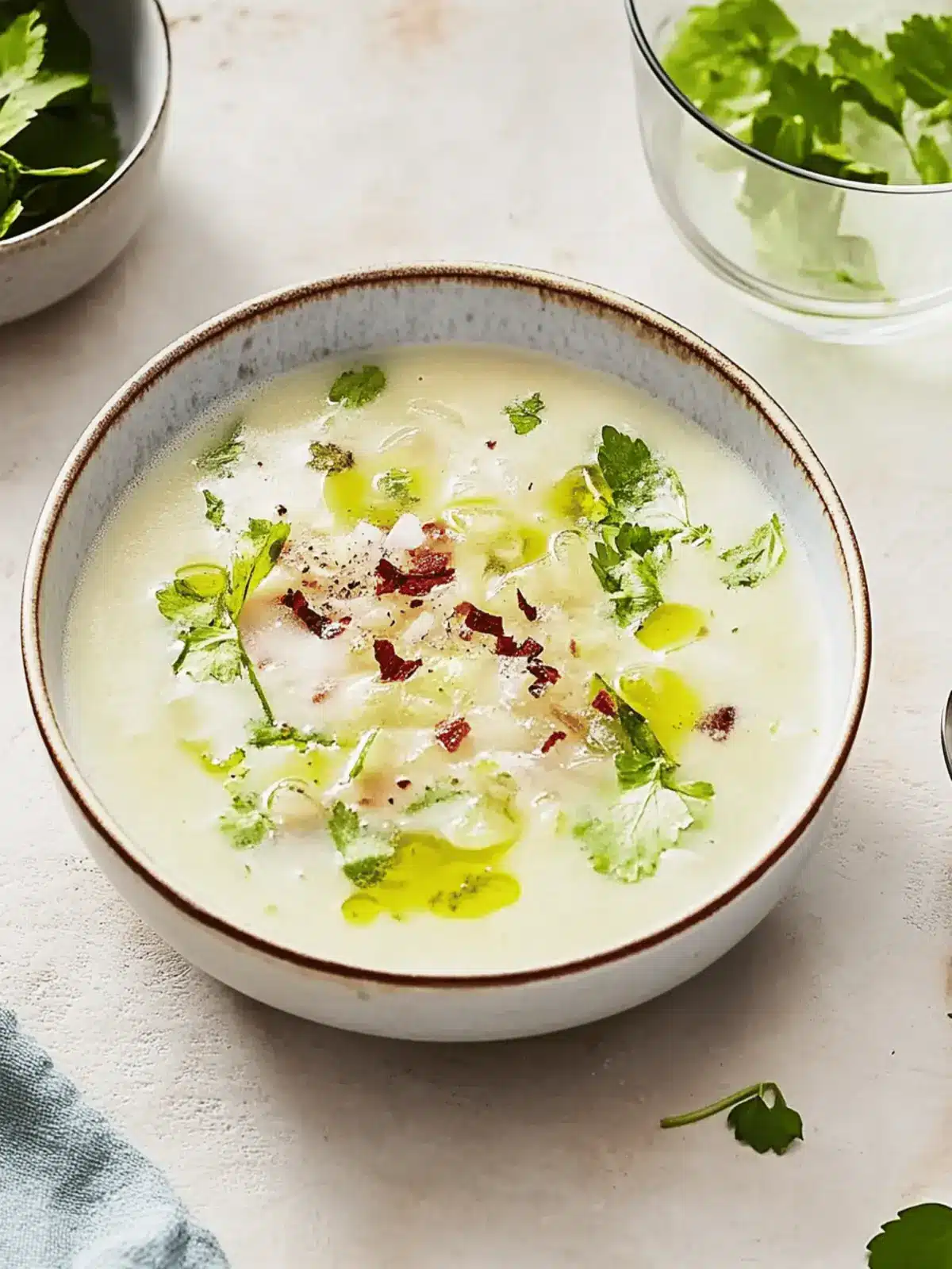 Cold potato soup with bacon and leek