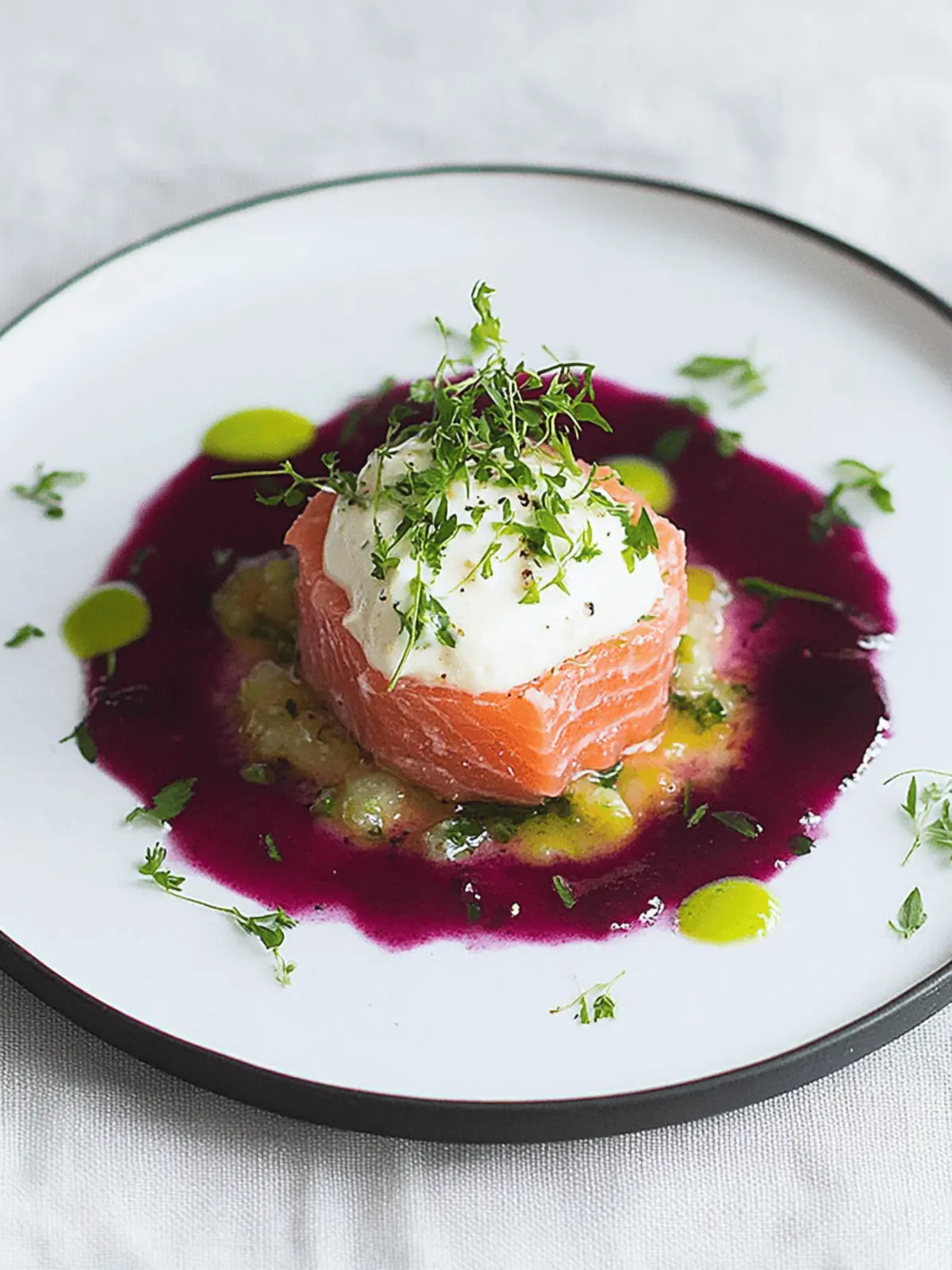 Salmon-Tartar auf Rote-Bete-Carpaccio und Wasabi-Creme
