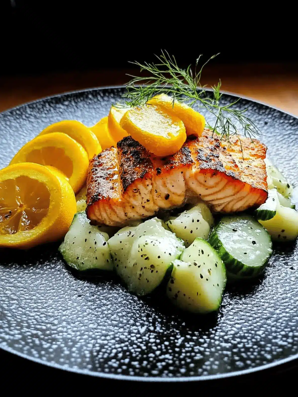 Fried salmon fillets with potatoes and cucumber salad