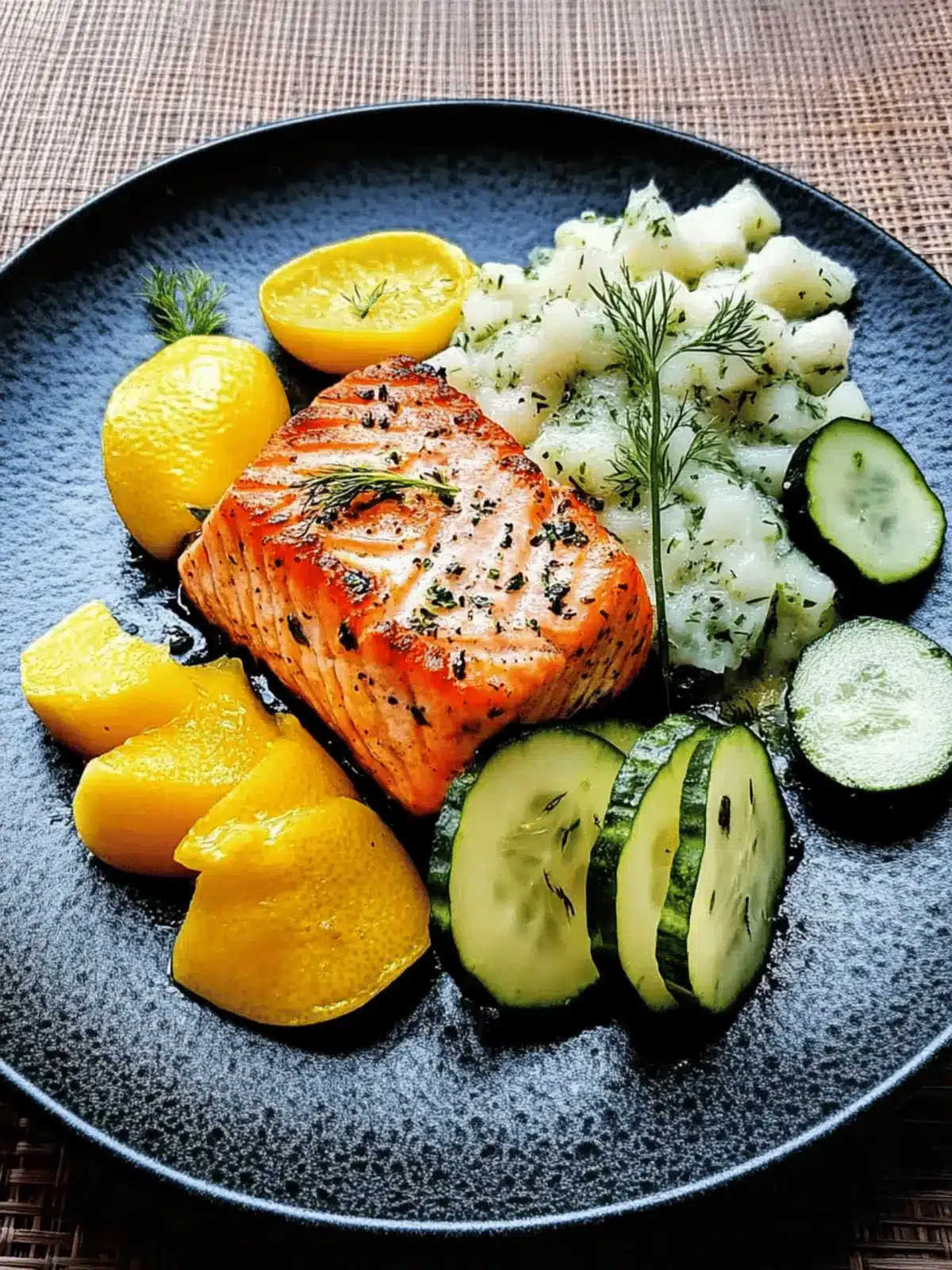 Fried salmon fillets with potatoes and cucumber salad