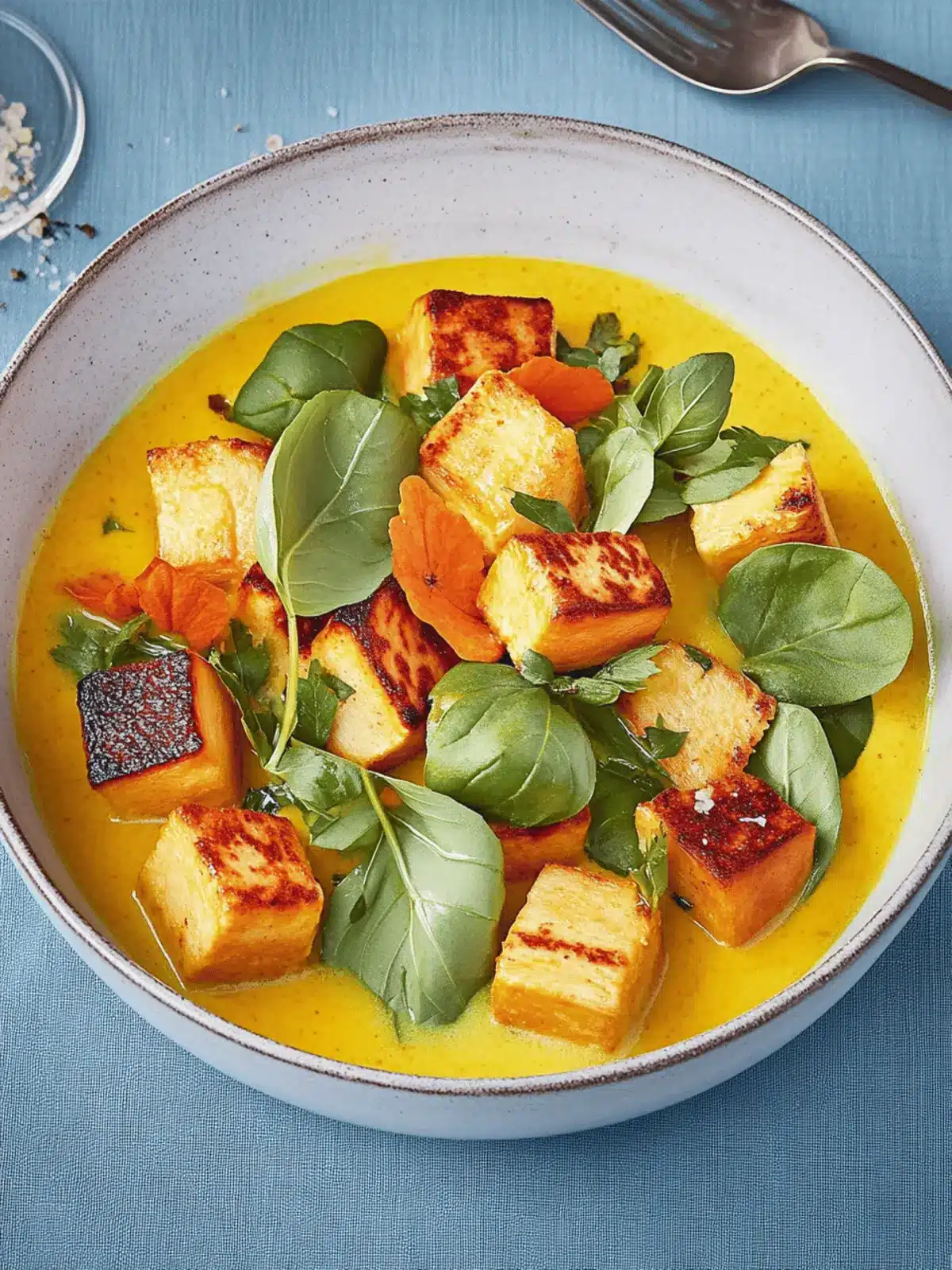 Kürbissuppe mit Halloumi und Spinat