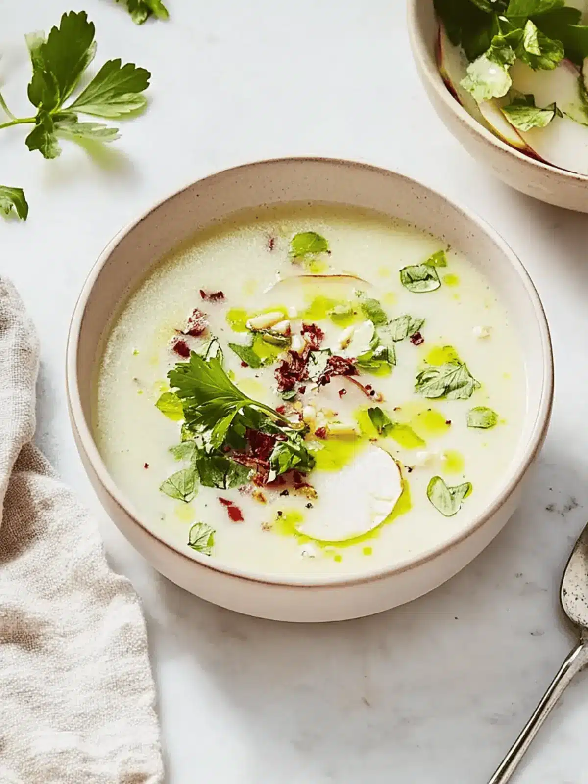 Cold potato soup with bacon and leek