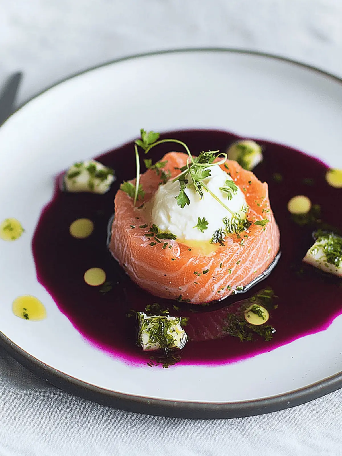 Salmon-Tartar auf Rote-Bete-Carpaccio und Wasabi-Creme